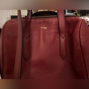 Original Fossil red leather satchel bag. Gold tone zippers and hardware. EUC
